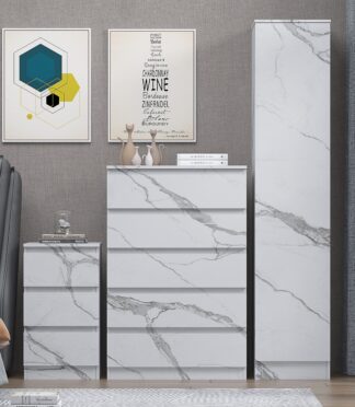 Bedroom Furniture 3pc Set: 1 Door Wardrobe, Tall Chest & Bedside - Grey/White Marble Effect ZITA