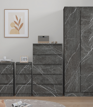 Bedroom Furniture 4pc Set: 2 Door Wardrobe, Tall Chest & 2 Bedsides - Grey/White Marble Effect ZITA