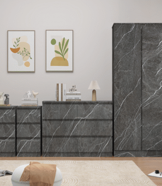 Bedroom Furniture 4pc Set: 2 Door Wardrobe, Wide Chest & 2 Bedsides - Grey/White Marble Effect ZITA