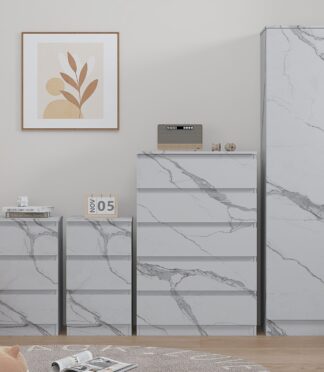 Bedroom Furniture 4pc Set: 1 Door Wardrobe, Tall Chest & 2 Bedsides - Grey/White Marble Effect ZITA