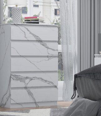 5 Drawer Tall Chest - Grey/White Matt Marble Effect ZITA