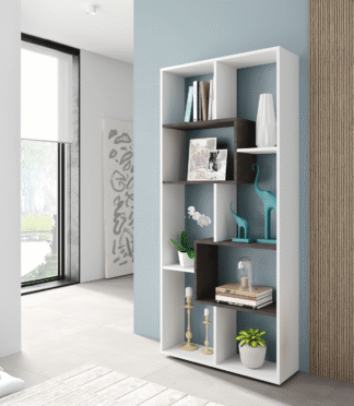 KAWA Tall Open 8 Shelf Bookcase Shelf - White & Dark Brown wood (180cm)
