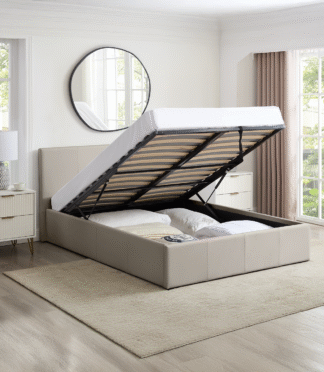 LUNA SIESTA 4FT Small Double Faux Leather Ottoman Storage Bed - Cream Beige