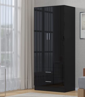 2 Door + 2 Drawer Combination Wardrobe - Black Gloss/Black Oak REFLECT