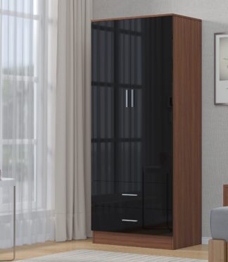2 Door + 2 Drawer Combination Wardrobe - Black Gloss/Walnut REFLECT