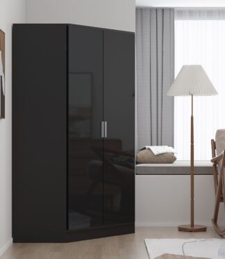2 Door Corner Wardrobe - Black Gloss/Black Oak REFLECT