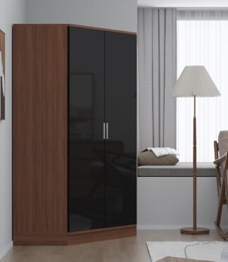 2 Door Corner Wardrobe - Black Gloss/Walnut REFLECT