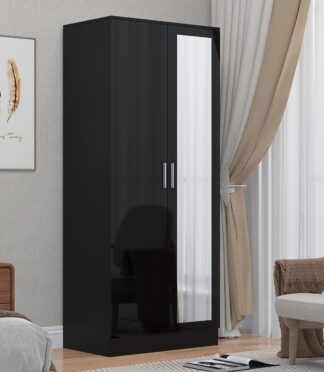 2 Door Mirrored Wardrobe - Black Gloss/Black Oak REFLECT