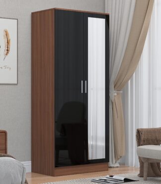 2 Door Mirrored Wardrobe - Black Gloss/Walnut REFLECT