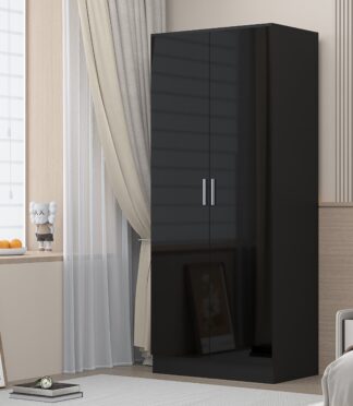 2 Door Plain Wardrobe - Black Gloss/Black Oak REFLECT