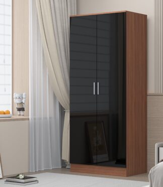 2 Door Plain Wardrobe - Black Gloss/Walnut REFLECT