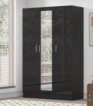 3 Door Mirrored Wardrobe - Black Gloss/Black Oak REFLECT