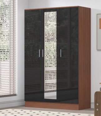 3 Door Mirrored Wardrobe - Black Gloss/Walnut REFLECT