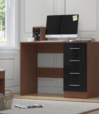 4 Drawer Desk/Dressing Table - Black Gloss/Walnut REFLECT