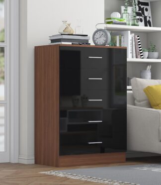 5 Drawer Chest- Black Gloss/Walnut REFLECT