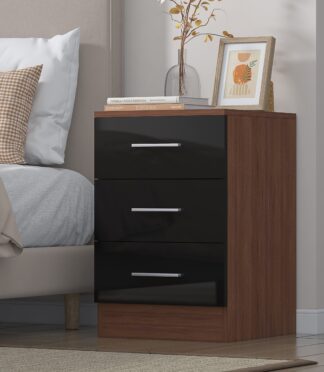 3 Drawer XL Bedside - Black Gloss/Walnut REFLECT