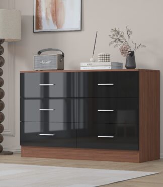 6 Drawer XL Chest - Black Gloss/Walnut REFLECT