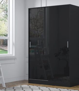 2 Door Sliding XL Plain Wardrobe - Black Gloss/Black Oak REFLECT