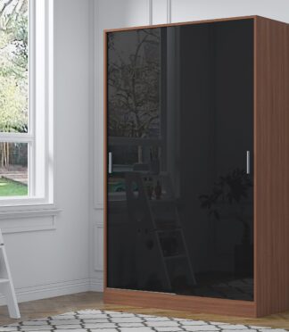 2 Door Sliding XL Plain Wardrobe - Black Gloss/Walnut REFLECT