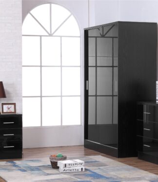 REFLECT XL SET 2 Door Slider + 6 Drawer Chest + 3 Drawer Bedside (3 Piece Set) in Black Gloss / Black Oak