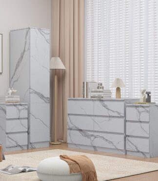 Bedroom Furniture 4pc Set: 1 Door Wardrobe, Wide Chest & 2 Bedsides - Grey/White Marble Effect ZITA