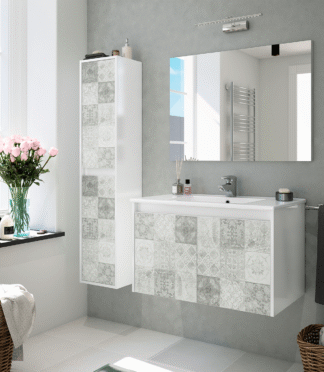 DUE 2 Door Wall Hung Bathroom Tall Storage Cabinet - White & Grey Tile Effect