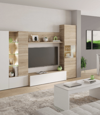 Contemporary Entertainment Media TV Storage Unit - Oak & White with Glass & LED Lighting