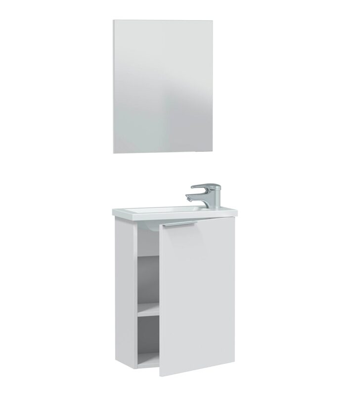 Gloss White 40cm Bathroom Vanity Unit with Sink and Mirror- Compact Basin Cabinet for Small Bathrooms.