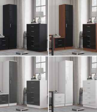 REFLECT Gloss 3pc Bedroom Set - 1 Door Wardrobe + 5 Draw Chest + Bedside