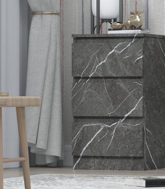 ZITA Grey Marble Effect 3 Drawer Bedside Table - Modern Nightstand, (L) 40cm x (W) 38cm x (H) 68cm, Stylish Bedroom Furniture