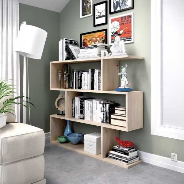 3 Tier Open Low Wide Storage Unit with Compartments, Freestanding Display Bookshelf for Living Room, Office & Study - Light Oak.