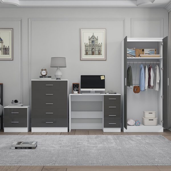 Reflect 2 Door Plain Wardrobe, 5 Drawer Chest, 2 Drawer Bedside & Desk - Grey Gloss & Matt White - Modern Bedroom Furniture Set - Image 4