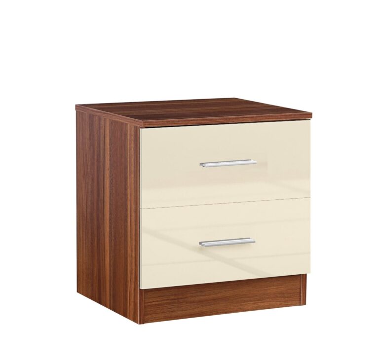 Reflect 2 Drawer Bedside - Cream Gloss & Walnut - Modern Nightstand for Bedroom Storage - H: 48.5cm x W: 45cm x D: 39.5cm - Image 3
