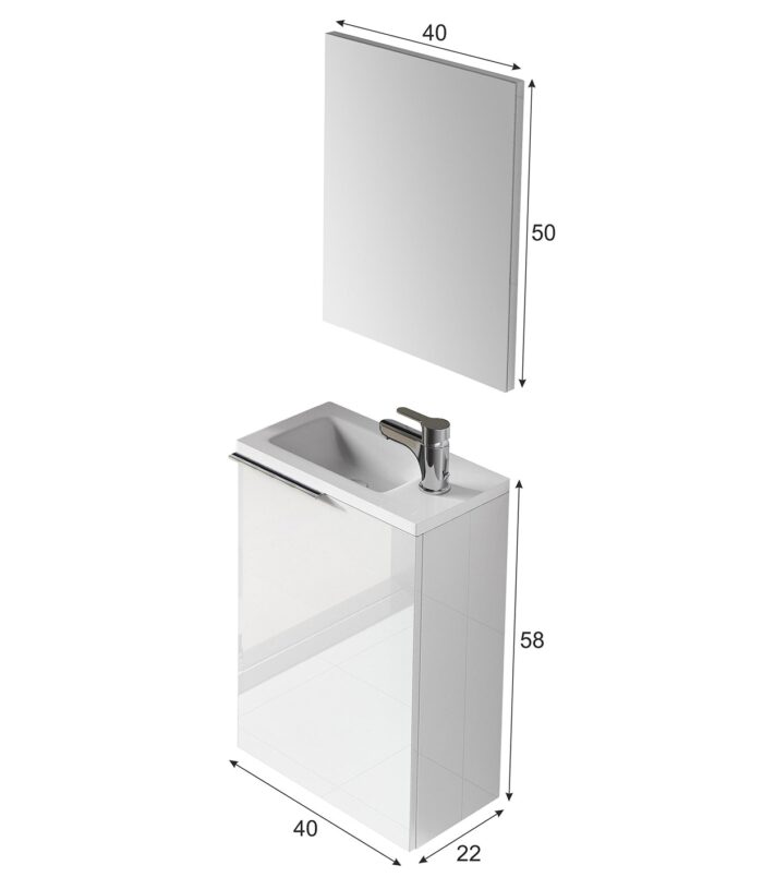 Gloss White 40cm Bathroom Vanity Unit with Sink and Mirror- Compact Basin Cabinet for Small Bathrooms.