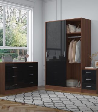 Reflect 2 Door Sliding Wardrobe, 6 Drawer Wide Chest, 3 Drawer Bedside - Black Gloss & Walnut - Modern Bedroom Furniture Set