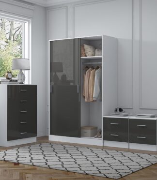 Reflect 2 Door Sliding Wardrobe, 5 Drawer Chest, 2x 2 Drawer Bedsides - Grey Gloss & Matt White - Modern Bedroom Furniture Set
