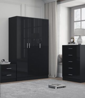 Reflect 3 Door Plain Wardrobe, 5 Drawer Chest, 2 Drawer Bedside - Black Gloss & Black Oak - Modern Bedroom Furniture Set
