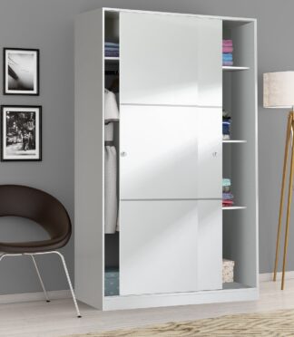 TOP White 2 Door Large Modern Sliding Bedroom Wardrobe - H: 200cm x W: 120cm x D: 50cm.