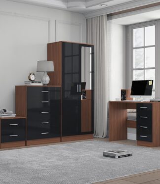 Reflect 2 Door Mirror Wardrobe, 5 Drawer Chest, 2 Drawer Bedside & Desk - Black Gloss & Walnut - Modern Bedroom Furniture Set