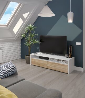 KIOTO 2 Door TV Unit in Oak & Satin White- Modern Media Cabinet with Storage.