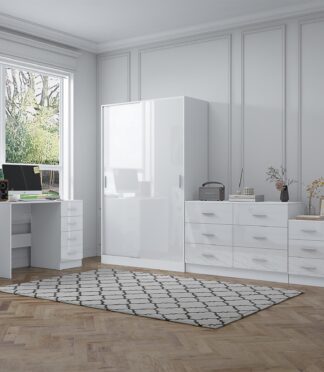 Reflect 2 Door Sliding Wardrobe, 6 Drawer Wide Chest, 3 Drawer Bedside, 4 Drawer Desk - White Gloss & Matt White - Modern Bedroom Furniture Set.