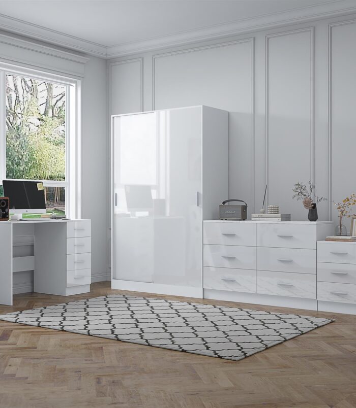 REFLECT Gloss 4pc Set - 2 Door Sliding Wardrobe + Wide Chest + Bedside + Desk.