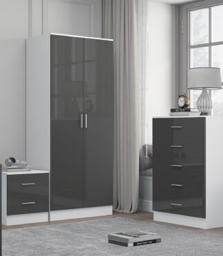 Reflect 2 Door Plain Wardrobe, 5 Drawer Chest, 2 Drawer Bedside - Grey Gloss & Matt White - Modern Bedroom Furniture Set