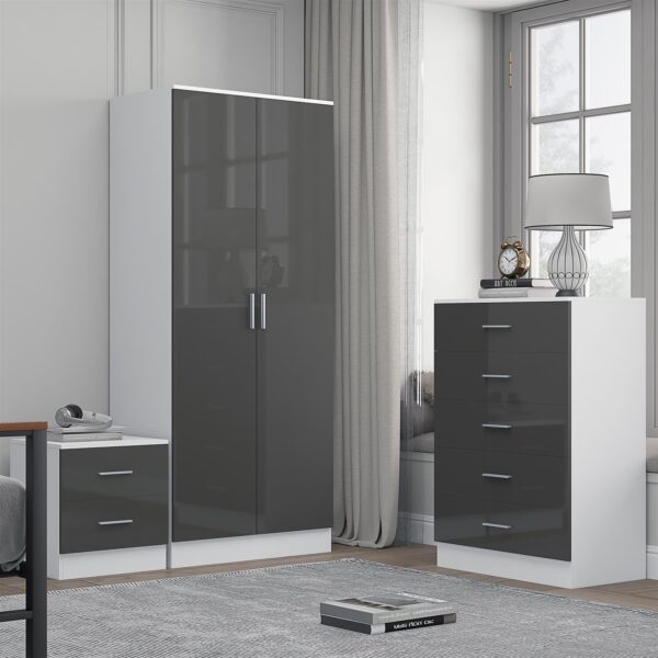 Reflect 2 Door Plain Wardrobe, 5 Drawer Chest, 2 Drawer Bedside - Grey Gloss & Matt White - Modern Bedroom Furniture Set