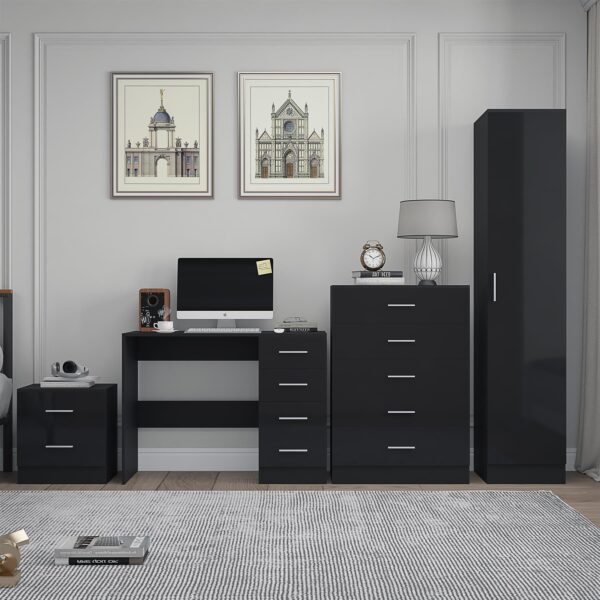 Reflect 1 Door Plain Wardrobe, 5 Drawer Chest, 2 Drawer Bedside & Desk - Black Gloss & Black Oak - Bedroom Furniture Set - Image 2