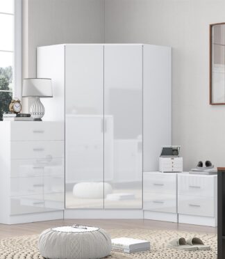 Reflect 2 Door Corner Wardrobe, 5 Drawer Chest, 2x 2 Drawer Bedsides - White Gloss & Matt White - Bedroom Furniture Set
