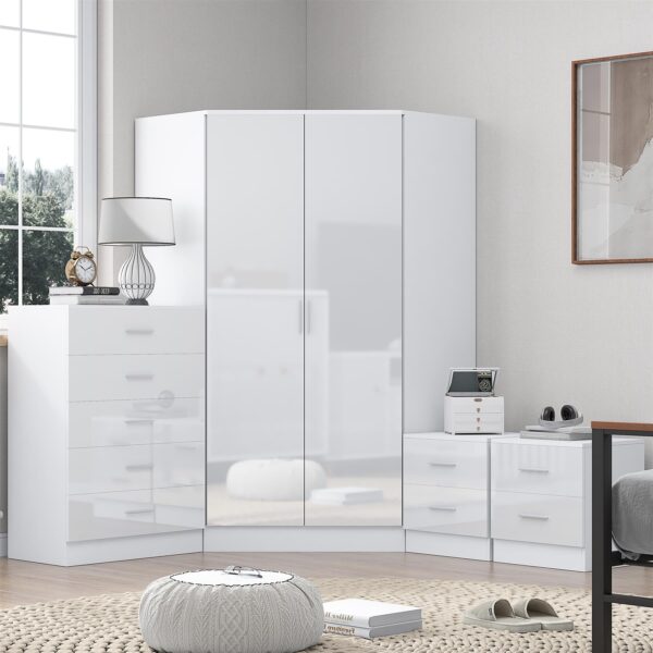 Reflect 2 Door Corner Wardrobe, 5 Drawer Chest, 2x 2 Drawer Bedsides - White Gloss & Matt White - Bedroom Furniture Set