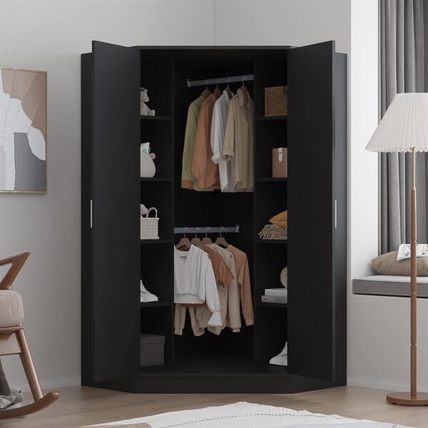 Reflect 2 Door Corner Wardrobe - Black Gloss & Black Oak - 2 Hanging Rails & 8 Shelves - H: 180cm x W: 103cm - Modern Design - Image 4