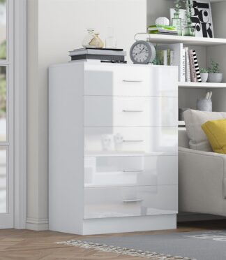 Reflect 5 Drawer Chest - White Gloss & Matt White - Modern Vertical Bedroom Storage Unit - H: 100cm x W: 70cm x D: 40cm