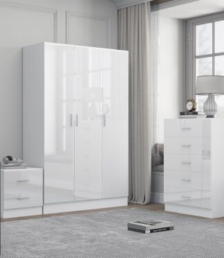 Reflect 3 Door Plain Wardrobe, 5 Drawer Chest, 2 Drawer Bedside - White Gloss & Matt White - Modern Bedroom Furniture Set